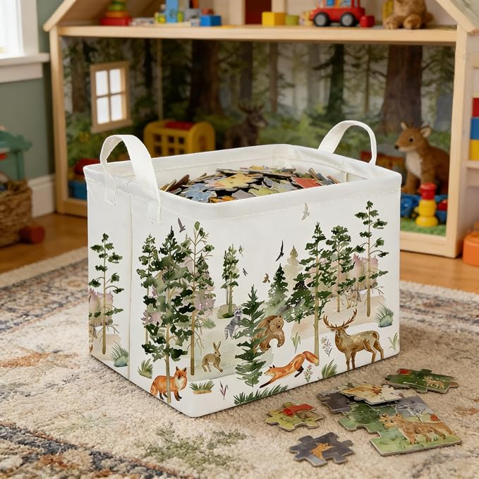 Rectangular Woodland Animal Basket Storage Basket,Bear Fox Gift Box Bin Shelf Book Woodland Room Decor,Gift Baskets(Tree animals) - Image 5