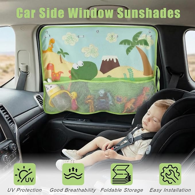 Car Window Shade for Baby, Car Sun Shade Curtain with Storage Pockets & Suction Cups, Cartoon Sun Blocker Blind for Side Windows, Blocks Heat, Privacy Cover for SUV Sedan (Green Dinosaur) - Image 3