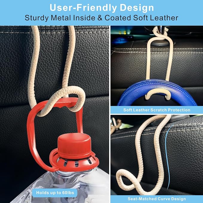 Purse Hooks for Car - 2 Pack Back Seat Storage Holder - Beige Leather/2L | Universal Car Headrest Hanger with Anti-Drop Lock Loop for Hat Bag Grocery Handbag Coat Must Have Stuff for Vehicle Truck SUV - Image 4