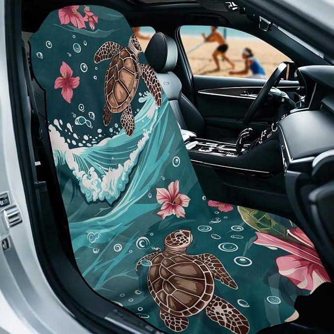 Sea Turtle Print Car Seat Cover Towels Front Seats Hibiscus Print Automotive Seat Covers for Truck Sedan SUV Sweat Absorption Running Towel, Workout Towel and Yoga Mat - Image 2
