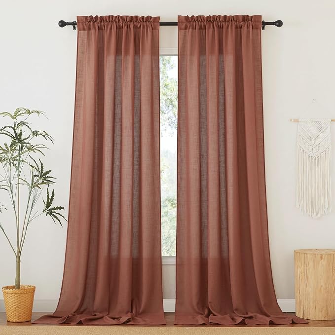 RYB HOME Linen Blend Curtains 102 inches Long for Living Room | Thick Heavy Textured, Rod Pocket, Light Filtering & Privacy, Machine Washable, Terracotta, W52 x L102, 2 Panels - Image 2