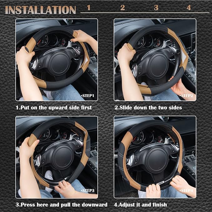 CAR PASS Line Rider Microfiber Leather Sporty 14.5-15 inch Steering Wheel Cover Universal Fits for 95% Truck,SUV,Cars, Anti-Slip Safety Comfortable Design (Black Beige) - Image 6
