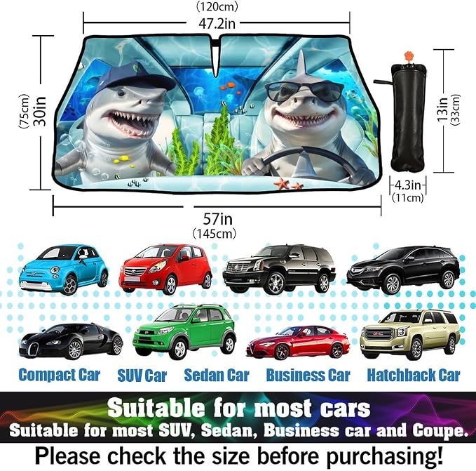 Funny Sharks Car Windshield Sunshade Umbrella Sharks Driving Sun Shade for Car Windshield Umbrella Upgraded Sunshades Blocks UV & Heat Front Window Shades for SUV Sedan Auto - Image 6