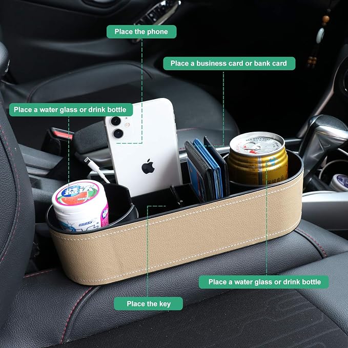 Car Seat Gap Filler Organizer with Cup Holder, Beige | Front Seat Organizer, Console Side Pocket, Cell Phone Holder, Coin Bucket, Car Storage Box, Universal Fits, Easy Installation - Image 6