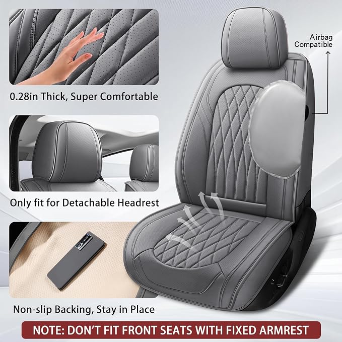 WELLDO Nappa Faux Leather Car Seat Covers Full Set, Gray | Waterproof, Non-Slip Seat Protector, 0.28in Thickened Cushion, Airbag Compatible, Universal for Cars SUV Truck Pickup - Image 3