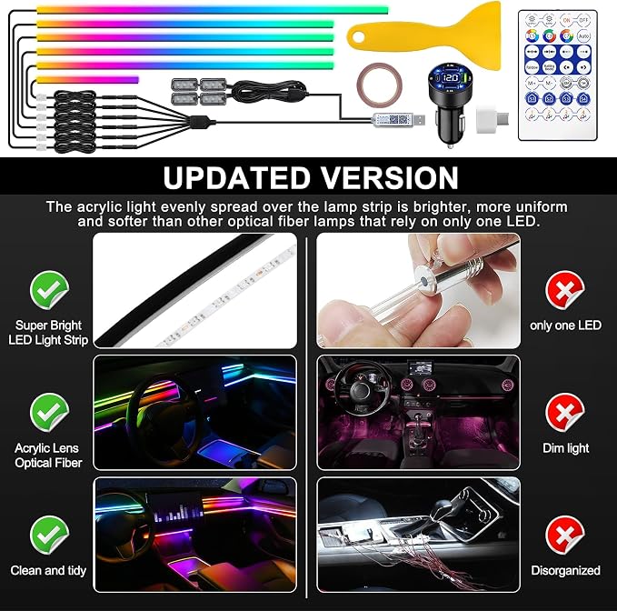 Dreamcolor Acrylic Interior Car LED Strip Light with USB/Type C/4-Port USB Cigarette Lighter,RGB 10 in 1 with 175 inches 650 LEDs Ambient Lighting Kits, Sound Active Function Neon Led Strips for Car - Image 6