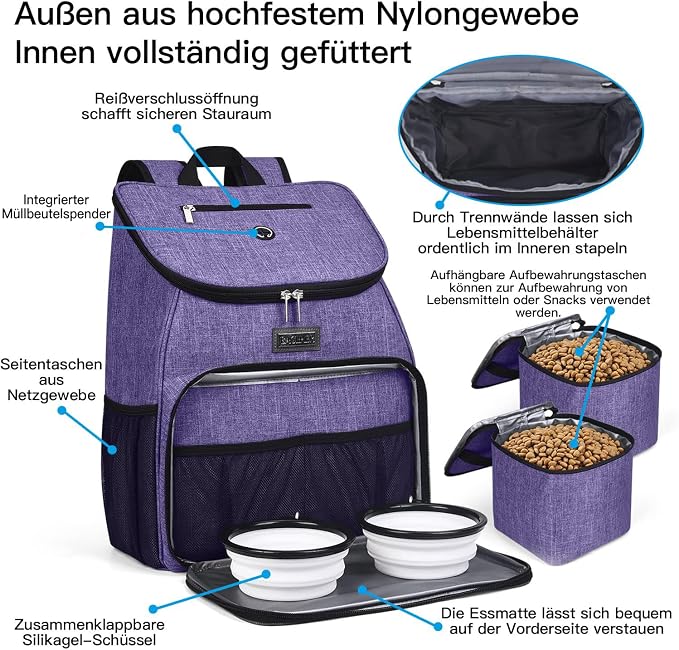 BAGLHER丨Dog Travel Bag, Airline Approved Pet Supplies Backpack, Dog Travel Backpack Accessories Set with 2 Silicone Collapsible Bowls and 2 Food Baskets. Purple - Image 4