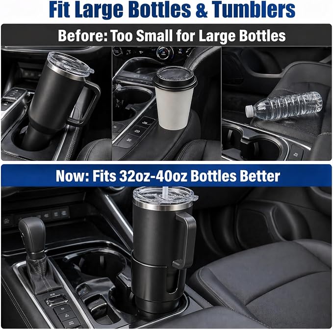 Car Cup Holder Expander for Large Bottles, Fits 32 oz to 40 oz Water Bottles and Handle Mugs, Secure Base for Most Vehicle Cup Holders, Durable ABS, Easy to Install, Durable ABS (Black) - Image 3