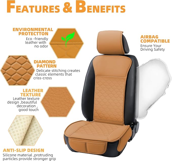 Elantrip Car Seat Cover Full Set Leather Waterproof Front Rear Cognac | 5-piece rich cognac leather set — luxury cabin makeover with full waterproof protection - Image 3