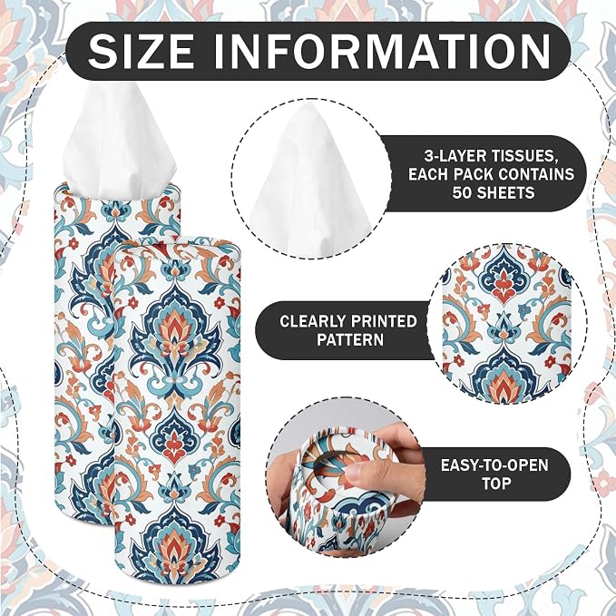 Arttown Car Tissue Holder for Cup Holder Facial Tissues 12 Pack Moroccan | Boho Bulk 3-Ply,Refillable Marble Print Cylinder Tissue Boxes,Fit Car Home Office School (600 Sheets Total,50 Sheets Each) - Image 3