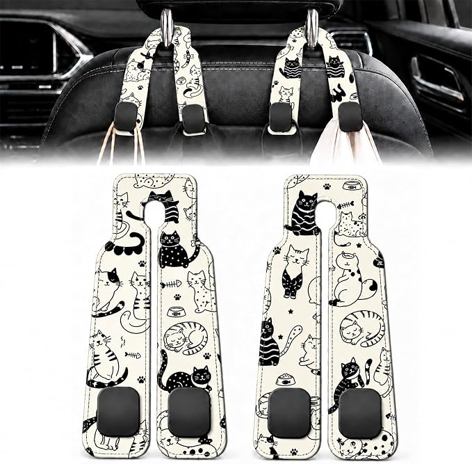 2 Pack Black White Cat Car Headrest Hooks for Purse Seat Back Hanger | Cute Cat Doodle Car Accessories Metal Hook, Cat Mom Gifts for Women, PU Leather Double Hook for Backseat Organizer by Unknown