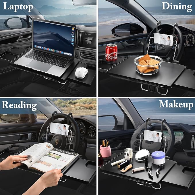 2-in-1 Car Steering Wheel Tray & Car Desk for Laptop with Phone Holder – Height Adjustable Steering Wheel Desk, Car Laptop Desk & Food Tray, Car Table Tray – Fits Cars, SUVs & Trucks - Image 3