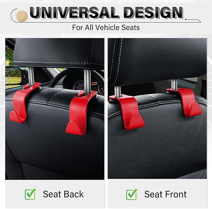 SINGARO 4 Pack Car Seat Headrest Hooks, Vehicle Back Seat Hanger Storage Organizer for Purse Handbag Backpack Coat Grocery, 360° Rotating Heavy Duty Holds 44lbs, Red - Image 4