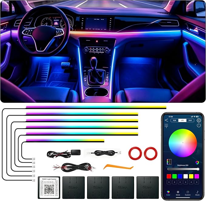 Interior Car LED Strip Light with Wireless APP, RGB 6 in 1 Acrylic LED Lights for Car with Dynamic Dreamcolor, Dual Zone Control Car Ambient Lighting Kits, Inside Neon Strip with Music Mode (6 in 1) by SAMGCHI