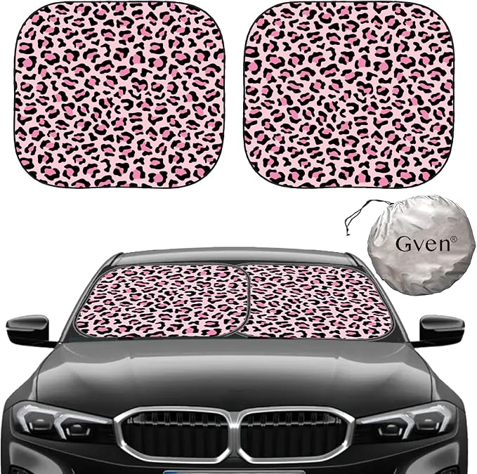 Gven Windshield Sun Shade 2pcs with Bonus Pink Car Sunshade for Front Window Shades 2025 Technology Reflect UV and Heat Sun Visor Automotive Accessories Interior Sun Protection (Pink Leopard, M) by Gven