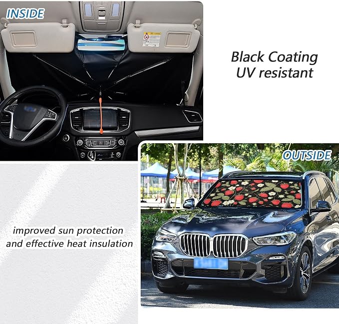 Strawberry Windshield Sun Shade Umbrella Fruit Flowers Leaves Foldable Car Front Window Sunshade Blocks UV Rays Heat Keep Vehicle Cool (55" x 27.5") - Image 3