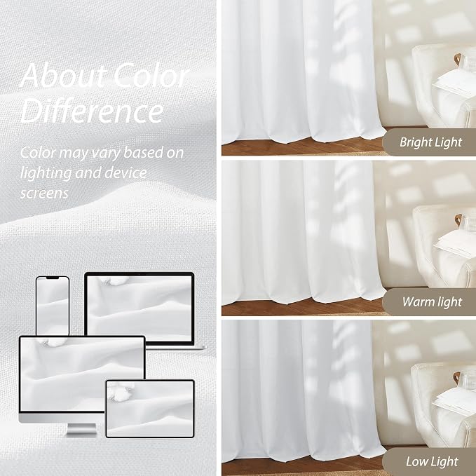 RYB HOME Linen Sheer Curtains 2 Panels for Living Room, Semi Transparent Privacy Drapes with Rod Pocket Farmhouse Style Window Treatments for Bedroom, White, 52" W x 95" L - Image 5