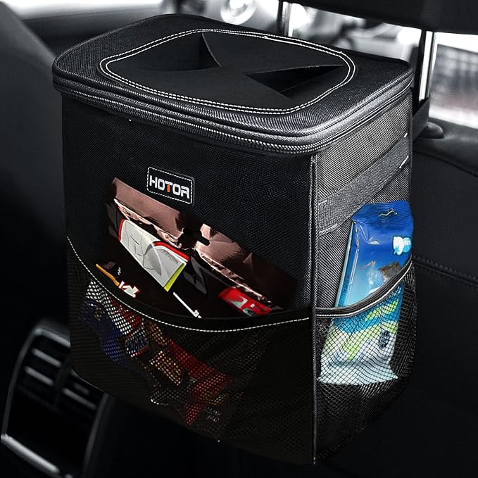 HOTOR Car Trash Can, Compact Waterproof Organizer, Leak-Proof Bin, 3-Gallon | Black, Multifunctional Car Accessory with Adjustable Straps & Magnetic Snaps for Interior Car Storage by HOTOR