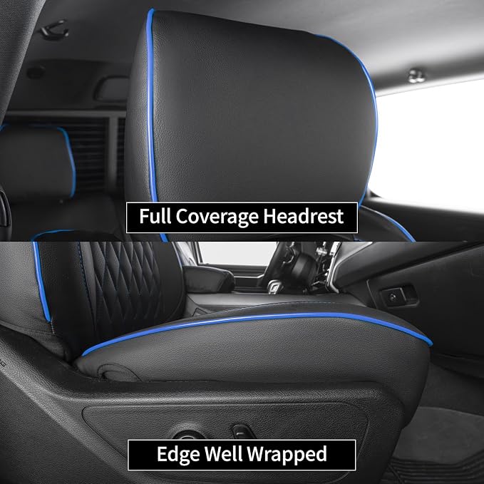EKR Ram 1500 Seat Covers Custom Fit for (Crew Cab) RAM 1500 Tradesman 2019-2025 & Express 2026,Waterproof Leather Black Car Seat Cover for Trucks Full Set-Faux Leather (Black with Blue Piping) - Image 5