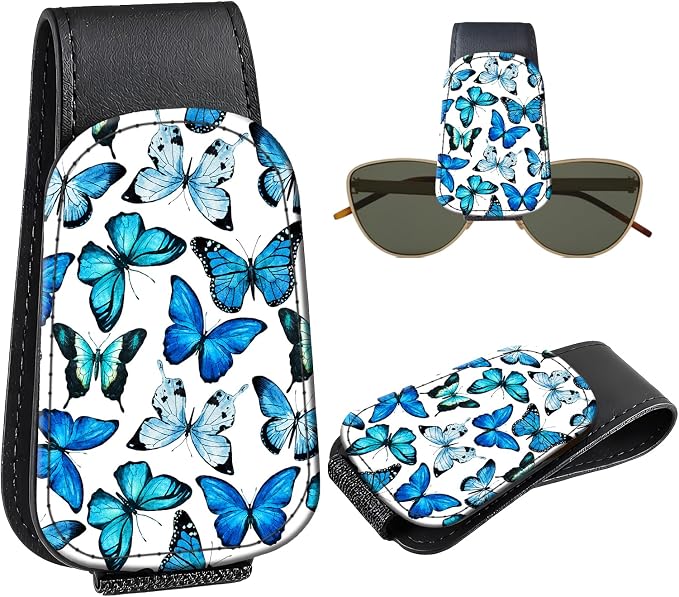 Leather Magnetic Sunglass Holder for Car Sun Visor, Cute Eyeglass Ticket Card Hanger Clip, Universal Auto Interior Accessories for SUV Pickup Truck, Blue Butterfly by Unknown