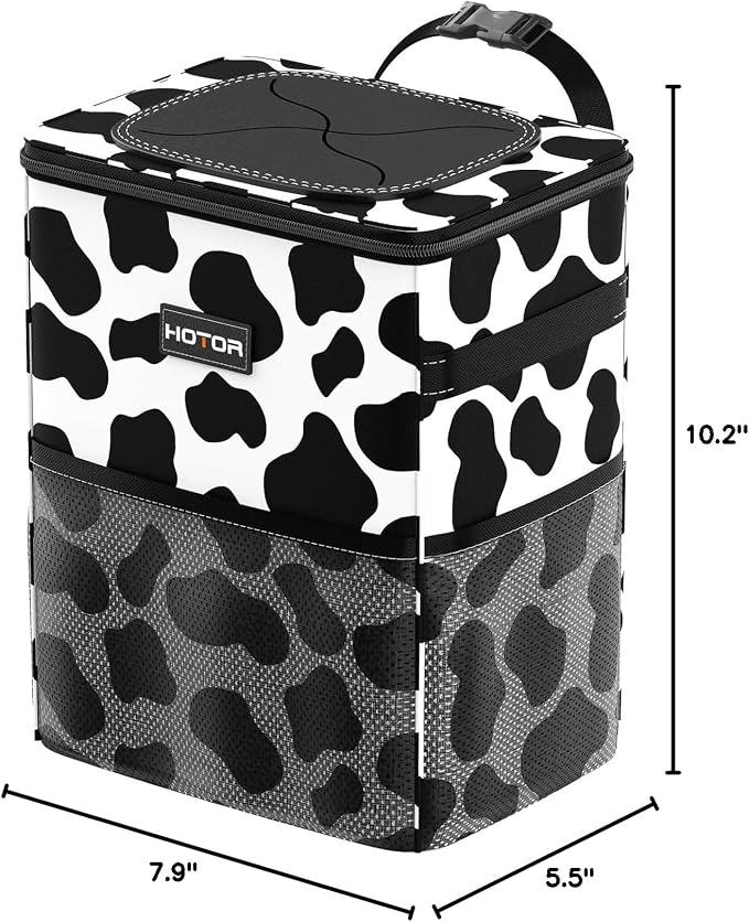 HOTOR Car Trash Can, Compact Waterproof Organizer, Leak-Proof Bin, 2-Gallon | Cow, Multifunctional Car Accessory with Adjustable Straps & Magnetic Snaps for Interior Car Storage - Image 2