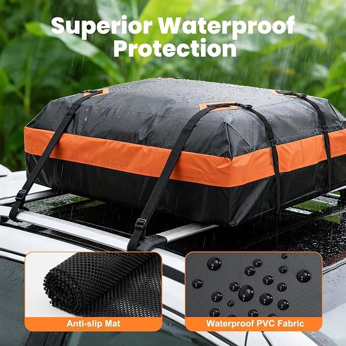 DUMOS Car Roof Bag Cargo Carrier Waterproof 15 Cubic Feet for All Vehicles | Rooftop Bag with Anti-Slip Mat, Combination Luggage Lock, Reinforced Straps & Door Hooks, Fit Vehicles with/without Roof Rack - Image 4