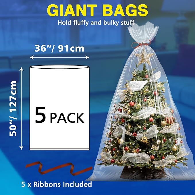 5 Pack 36'' x 50'' Extra Large Clear Plastic Storage Bags | 2 Mil Storage Bags Ideal for Car Seats, Suitcases, Strollers, Small Bikes, Attic Storage, Clothes, Xmas Trees, (with 5 Ties) - Image 2