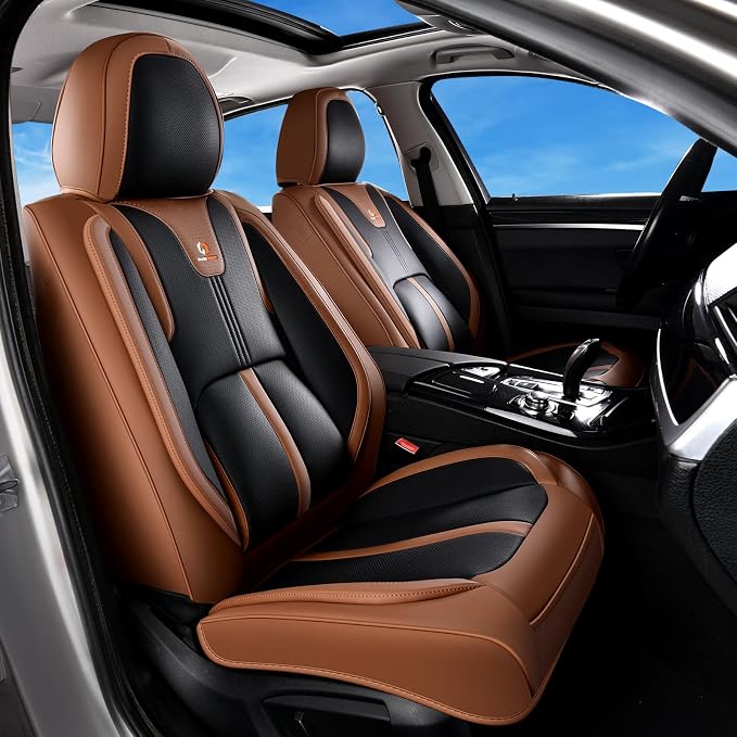 Huidasource Front Seat Covers Luxury Nappa Leather, Driver Seat Cover with Airbag, Front Storage Pocket, Lumbar Support, Cooling＆Heating, Seat Cover Universal Fit for Most Cars SUV Trucks, Brown&Black by Huidasource