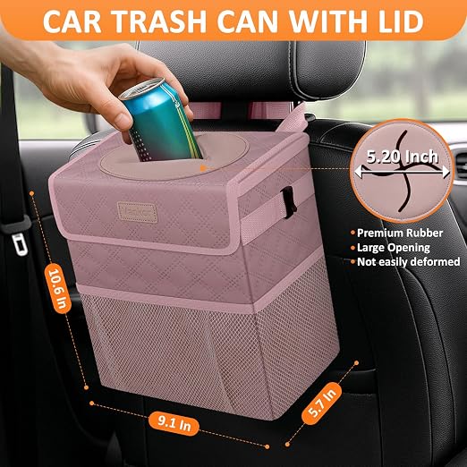 Vankor Car Trash Can with Lid Leak Proof Car Accessories for Women | 2.2 Gallon Cute Hanging Car Trash Bin for Men Car Truck Vehicle Sedan Interior Automotive Garbage Cans, Pink Quilted - Image 2