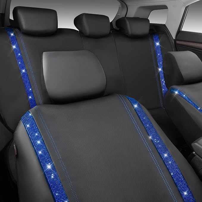 CAR PASS Bling Diamond Car Seat Covers Full Set, Shining Rhinestone Waterproof Faux Leather, Rear with Zipper, Universal Fit Automotive Glitter Crystal Sparkle Strips for Cute Women Girl, Blue - Image 9