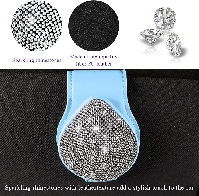 KVAEY Bling Sunglass Holder for Car Visor, Magnetic Leather Visor Clip Glasses Holder with Sparkling Rhinestones, Crystal Visor Ticket Card Clip for Women Girls, Car Accessories (Blue & White) - Image 3