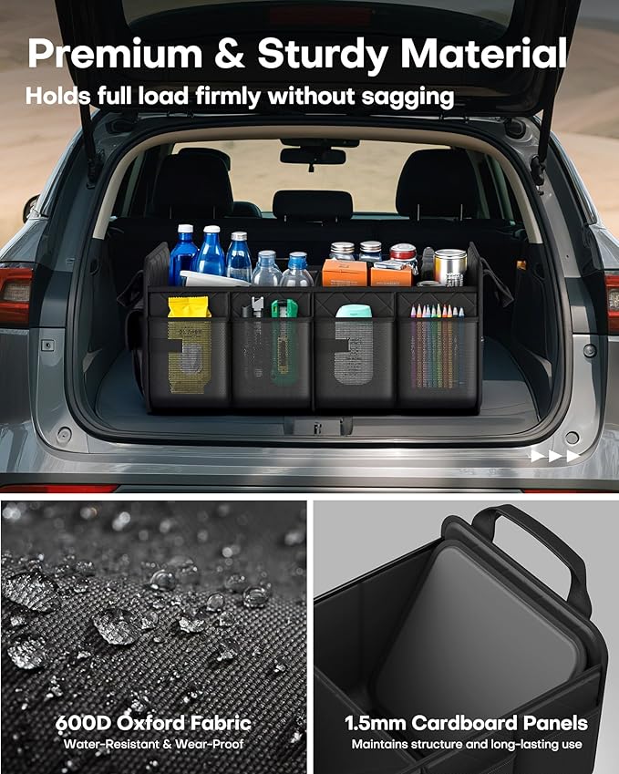 HOTOR Trunk Organizer for SUV – Foldable Car Organizers and Storage | 2 Compartments, Large Capacity Car Trunk Organizer Car Accessories for Truck Sedan, Black, 23.6" x 14.2" x 11.8" - Image 3