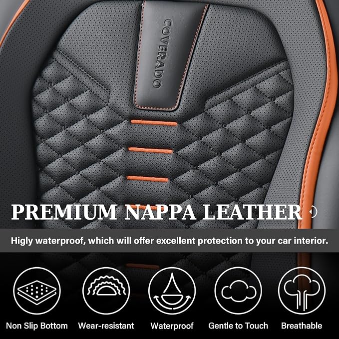 Coverado Automotive Seat Covers, Car Seat Covers Front Seats, Nappa Leather Black Orange Car Seat Cover, Waterproof Seat Cushion, 2 Pack Front Seat Covers Driver Seat Protector Fit for Most Cars SUV - Image 3