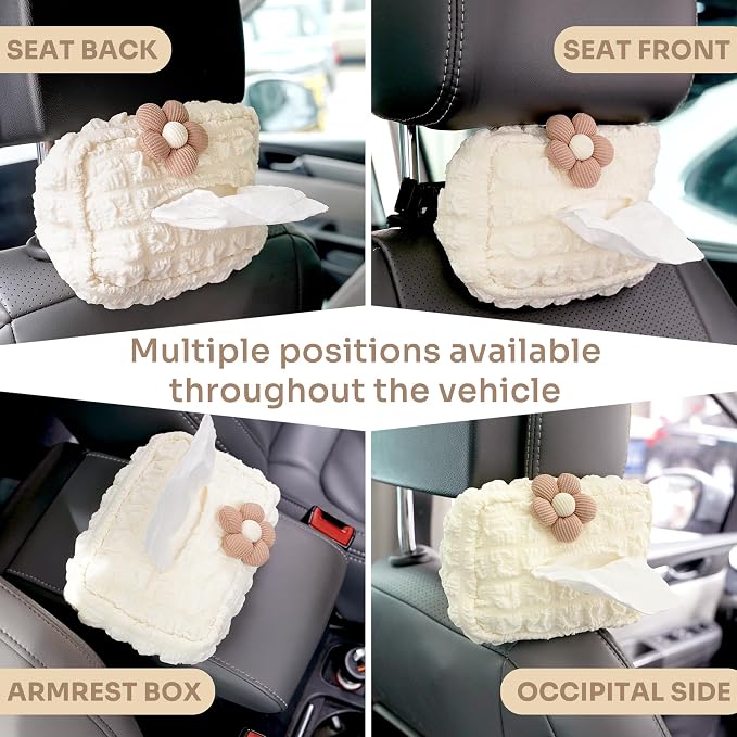 Lace Car Tissue Holder, Cute Flower Napkin Dispenser for Visor & Backseat, Hanging Soft Paper Storage Bag, Aesthetic Car Interior Accessories for Women (Cream White) - Image 4