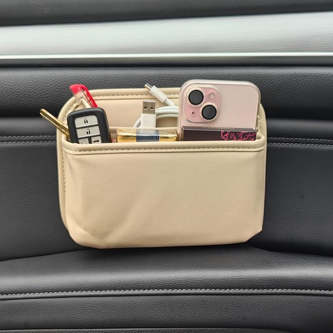 Car Seat Side Pocket Organizer for Car Doors and Consoles, Beige | Reusable Adhesive Car Storage Bag, Holds phones keys wallet sunglass etc, Suitable for all vehicles, PU Leather by ZQLYCSK
