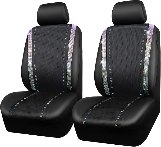 CAR PASS Leather Bling Diamond Car Seat Covers 2 Front Interior Sets, Waterproof Universal Shining Glitter Crystal Sparkle Fit for 95% Auto Truck SUV Cute Women Girl, Black Multicolor Rhinestone - Image 9