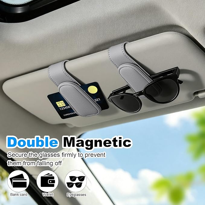 Sunglass Holder for Car Visor Magnetic Leather Visor Sunglasses Clip Eyeglass Hanger Clip for Car Sun Visor Grey 1 Pack - Image 2