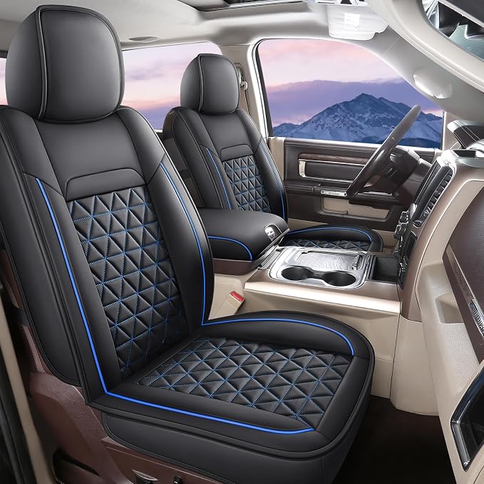 Coverado Seat Covers for Dodge Ram, Waterproof Front Car Seat Covers for Truck Compatible with 2002-2026 Dodge Ram 1500 2500 3500 Crew Double Mega Quad Cab(Black&Blue line) by COVERADOAUTO