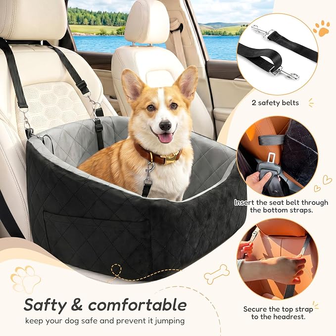 Dog Car Seat for Small Dogs Up to 30 Lbs, Pet Travel Safety Bed for Puppy Cat, Fits in Front/Back Seat, Anti Slip Base, Fully Detachable Washable with 2 Safety Tether(Light Gray-Black) - Image 4