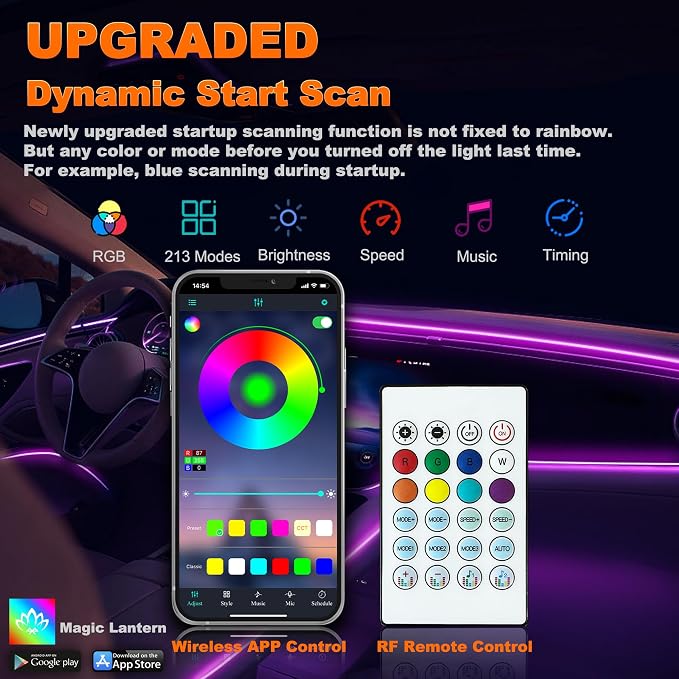 Jushope Interior Car LED Strip Lights with Dream Color, Ambient Lighting | Wireless APP and RF Remote Control Dynamic Chasing Music Sync LED Lights for Car Decoration, Car Charger or Hardwire DC 12V - Image 4