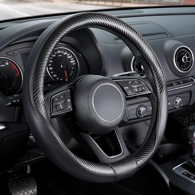 SEG Direct Steering Wheel Cover 14.5"-15" Heavy-Duty, Black Carbon Fiber | Standard Medium Size, Heavy-Duty Microfiber Leather with Carbon Fiber Pattern by SEGDirect