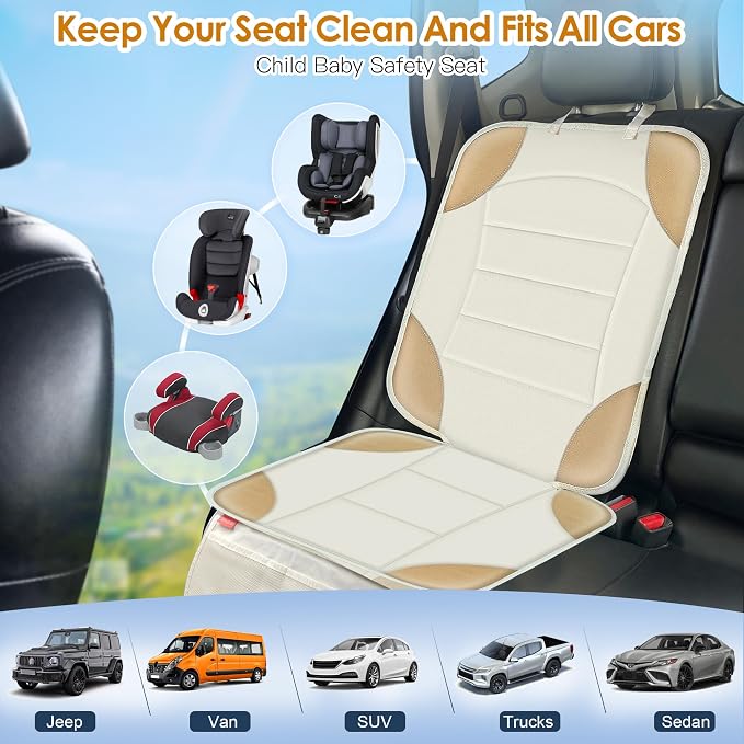 Sinvitron Car Seat Protector for Child Car Seat - Waterproof Non-Slip Leather Mat with 2 Mesh Pockets, Universal Seat Cover for Baby, Pets & Vehicles(2-Pack,Off-White) - Image 5