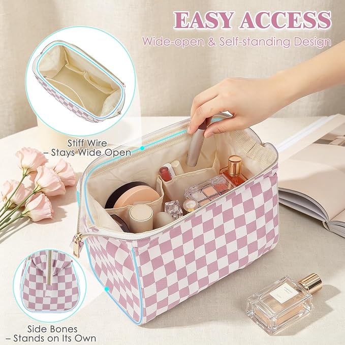 Fammart Travel Makeup Bag for Women, Waterproof Checkered Cosmetic Cosmetic Bag Make Up Organizer Case, Large Wide-open Toiletry Bag for Skincare, Brushes, Bathroom & Travel Essentials - Image 3