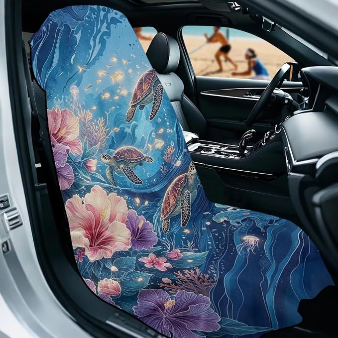 Sea Turtle Print Towels for Car Seats After Gym Hibiscus Jellyfish Print Car Seat Towel Covers Front Seats Universal Front Seat Covers for SUV Sedan Truck - Image 2