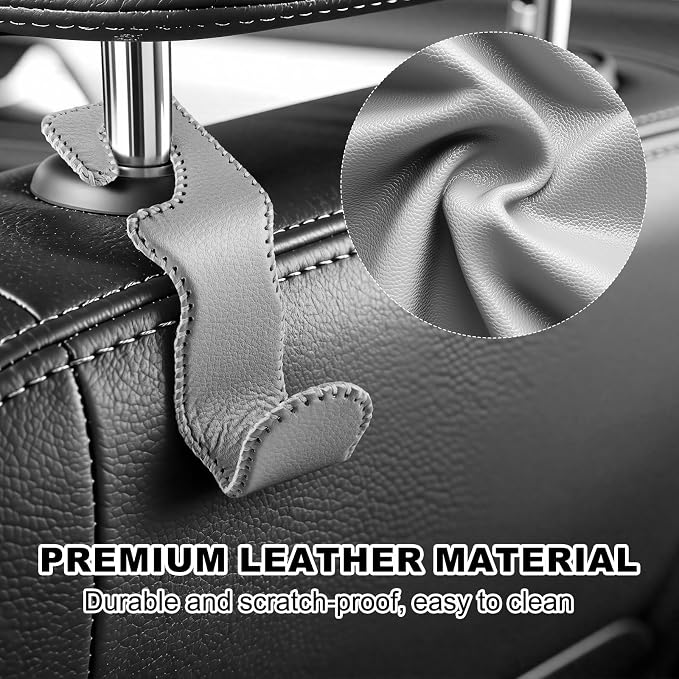 EldHus Car Seat Hooks for Purses and Bags, 4 Pack Car Purse Holder for Grocery Bag Handbag Clothes, Metal Headrest Hooks Covered by Leather, Gray - Image 3