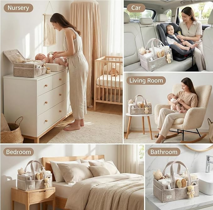 PeraBella Baby Diaper Caddy Organizer, XL Baby Basket Shower Gift Caddy, Portable Felt Changing Table Basket, Nursery Storage Bin, Newborn Boy and Girl Essentials for Registry, Car Diaper Organizer - Image 4
