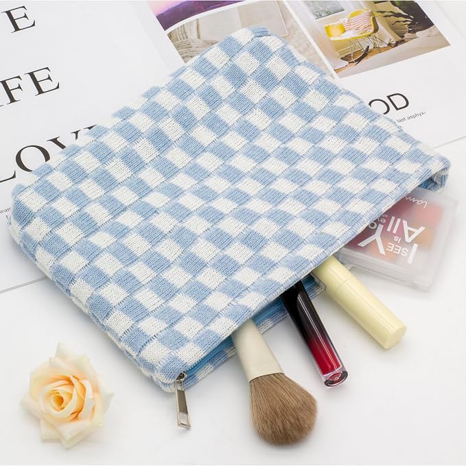 PAZIMIIK Checkered Makeup Bag for Purse, Small Flat Cosmetic Pouch,Blue | Cute Zipper Makeup Organizer for Women, Travel Essentials, Toiletries, Makeup Brushes, Beauty Accessories&Bridesmaid Gifts - Image 3