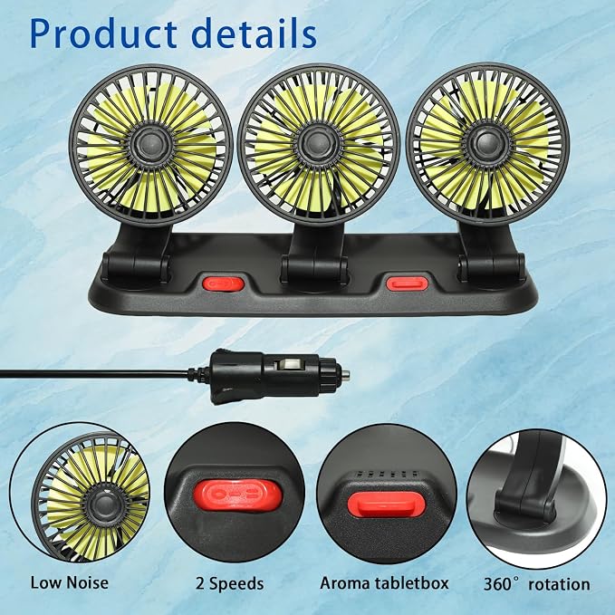 Portable 3-Head Car Cooling Fan 12V-360°Rotation,2 Speeds,Dashboard Fans for Sedan/SUV/RV/Truck/Van Vehicles,Cigarette Lighter Plug (3-Head 12V) - Image 6