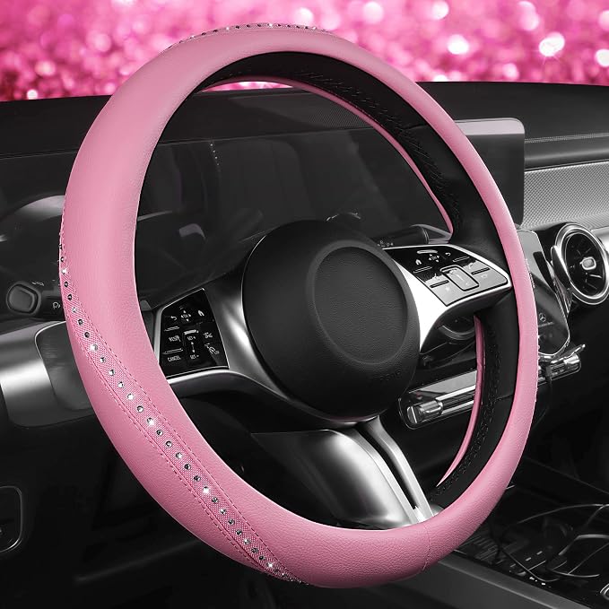 CAR PASS Bling Diamond Pink Leather Steering Wheel Cover, Studded Shining Rhinestones Universal Fit 14" 1/2-15" Glitter Sparkly Crystal Fit for Women Girl SUV,Vans,Sedans,Car,Trucks, Pink Diamond by CARPASS
