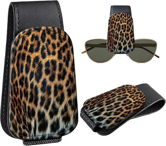 Leather Magnetic Sunglass Holder for Car Sun Visor, Cute Eyeglass Ticket Card Hanger Clip, Universal Auto Interior Accessories for SUV Pickup Truck, Classic Leopard by Unknown